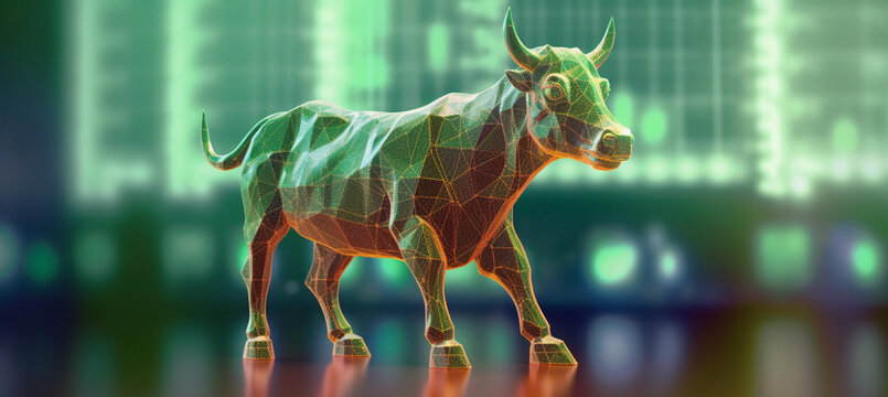Bull and technical financial market graph on technology abstract background concept for Increase in stock prices, positive bull market, low-interest rates, low interest rates, increase in consumption