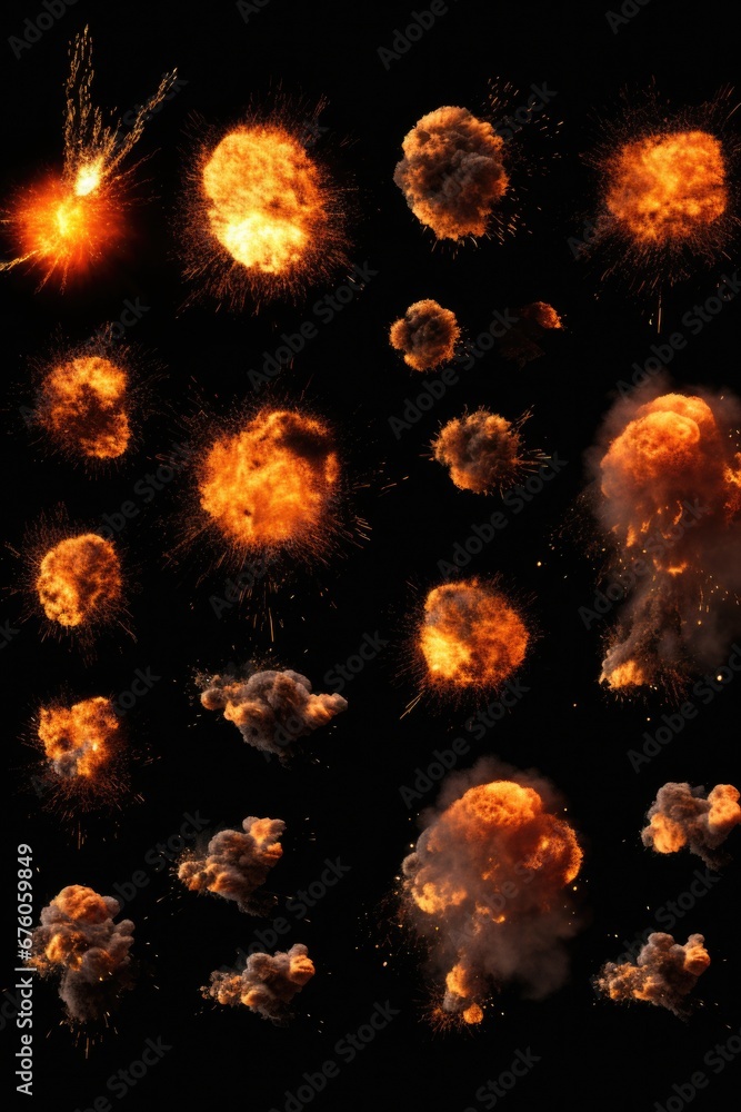 Poster A collection of fire and smoke bombs displayed on a black background. This versatile image can be used for various concepts and themes