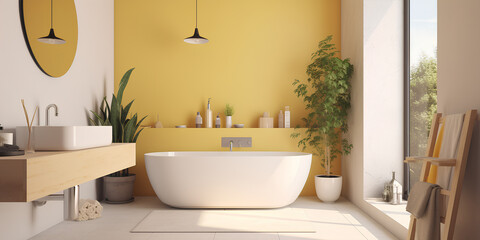 Interior of bathroom with yellow wall and white bath