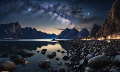 Starry Night Serenity: Explore a Breathtaking Landscape of Rocks, Mountains, and a Calm Sea under a Starry Sky