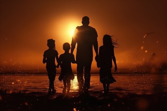 A silhouette of a family walking in the water at sunset. This image can be used to depict a peaceful family outing or a relaxing beach vacation