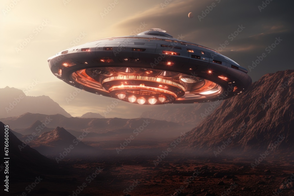 Poster an alien spaceship soaring through the sky above a majestic mountain range. perfect for science fict