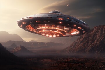 An alien spaceship soaring through the sky above a majestic mountain range. Perfect for science fiction enthusiasts or anyone looking to add an extraterrestrial touch to their creative projects