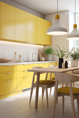 Fototapeta na wymiar Small kitchen interior in yellow color in modern appartment.