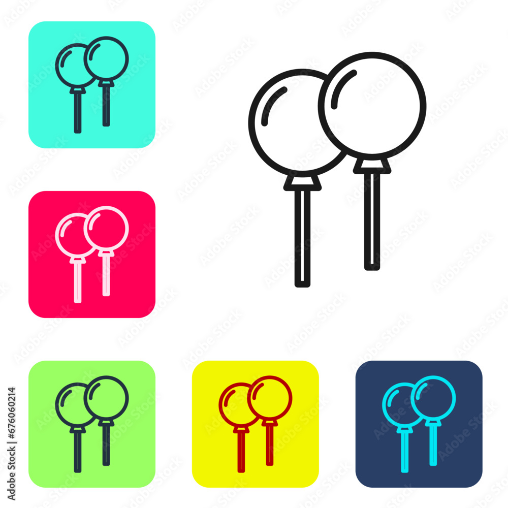 Poster black line balloons with ribbon icon isolated on white background. set icons in color square buttons