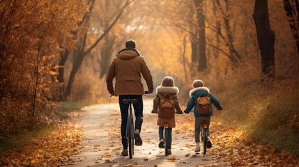 Family cycling in autumn, walking along paths in the park, rear view.
