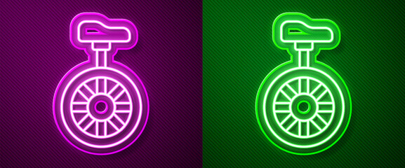 Glowing neon line Unicycle or one wheel bicycle icon isolated on purple and green background. Monowheel bicycle. Vector