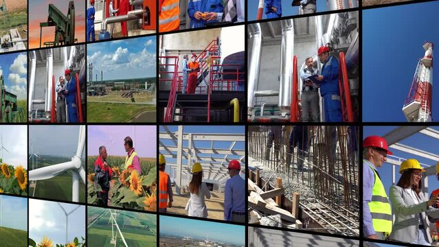 Industrial Production, Development and Growth. Workers Of Different Professions At Work. Workforce Productivity. Wind Farm. Oil and Gas Industry. Construction Industry.