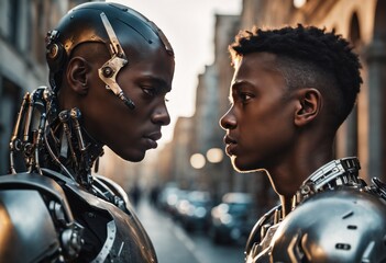 Black skinned young man versus full metal angry cyborg robot looking at each other, face to face, side view. The face of male guy and robot opposite each other look into the eyes. Modern technologies - obrazy, fototapety, plakaty