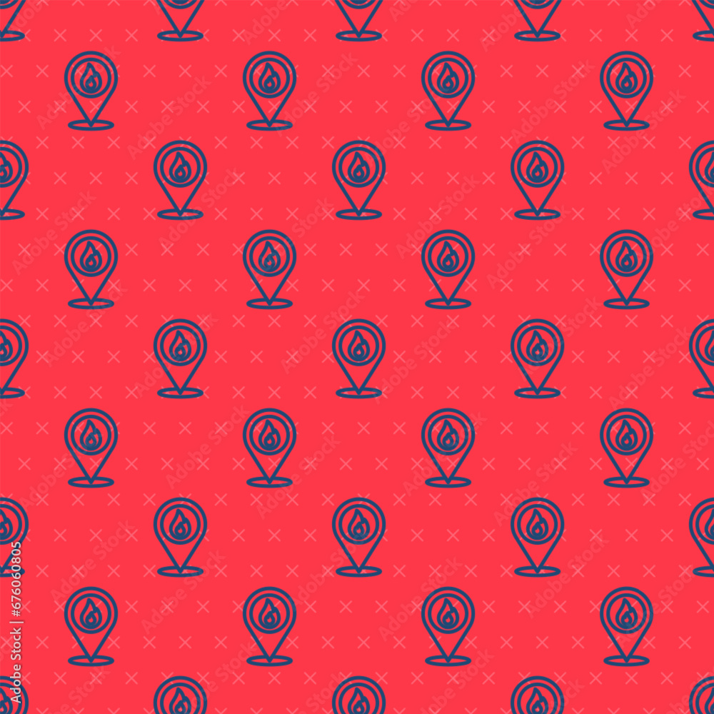 Poster blue line map pointer with fire flame icon isolated seamless pattern on red background. fire nearby.