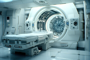 MRI scan device in hospital. Magnetic resonance imaging in clinic. Medical equipment for human examination. Healthcare concept