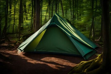 green tent in the woods , bushcraft and wild camping - obrazy, fototapety, plakaty