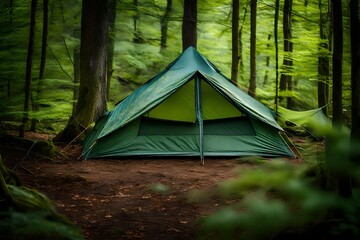 green tent in the woods , bushcraft and wild camping - obrazy, fototapety, plakaty