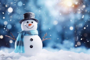 Happy smiling snowman on blurred snowy background with falling snowflakes. Christmas composition with copy space. Winter holidays concept