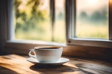 white cup of coffe on a wooden counter whit a view of the countryside in the morning light