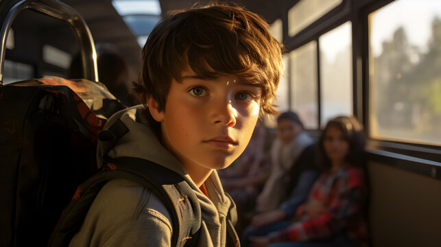 ni&ntilde;o latino viajando  en un autobus escolar el sol ilumina su rostro