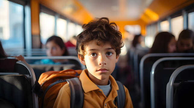 ni&ntilde;o latino viajando en un autob&uacute;s escolar se encuentra un poco preocupado se observa el interior del autobus