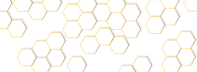 Abstract white hexagonal background with golden honeycomb pattern. Luxury white pattern. 3D Futuristic abstract honeycomb mosaic white background. geometric mesh cell texture. Vector Illustration.	

