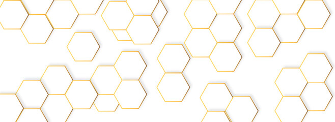 Abstract white hexagonal background with golden honeycomb pattern. Luxury white pattern. 3D Futuristic abstract honeycomb mosaic white background. geometric mesh cell texture. Vector Illustration.	
