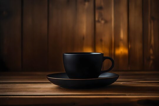 a black cup of coffee in a wooden room under the morning light , warm coffee advertising