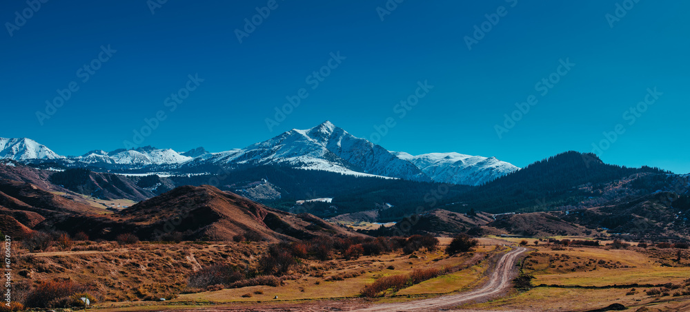 Sticker Autumn mountains landscape in Kyrgyzstan, panoramic view