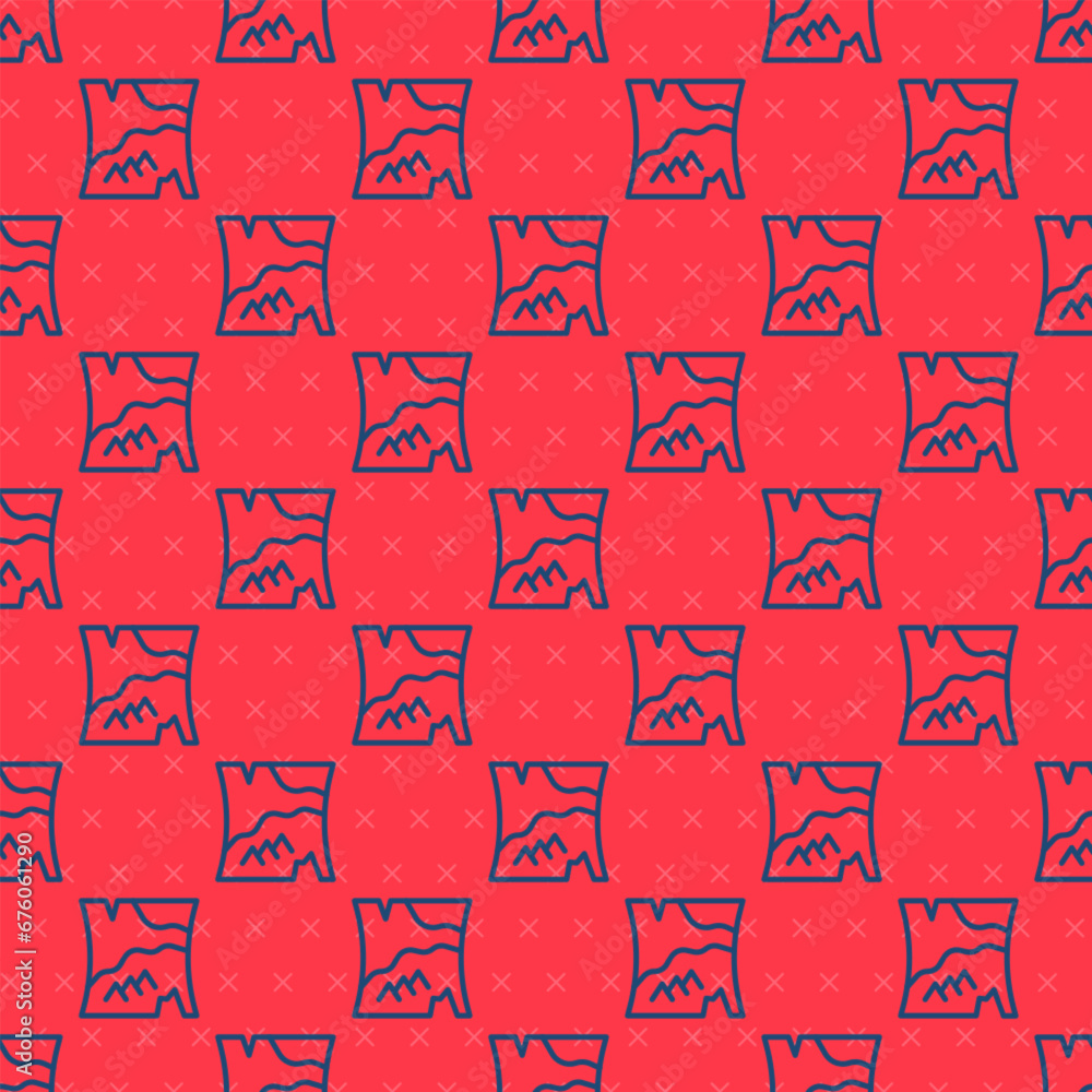 Poster blue line folded map icon isolated seamless pattern on red background. vector
