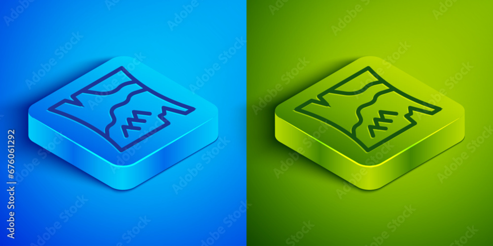 Poster isometric line folded map icon isolated on blue and green background. square button. vector