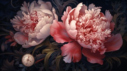  a painting of two pink peonies on a black background with a clock in the middle of the image.  generative ai