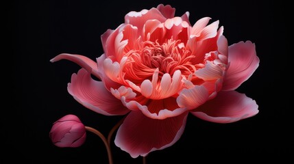  a close up of a pink flower on a black background with a single bud in the center of the flower.  generative ai