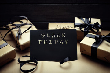 Black Friday inscription on a paper card between Christmas gifts