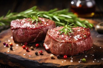 Beef fillet steaks with spices on wooden background