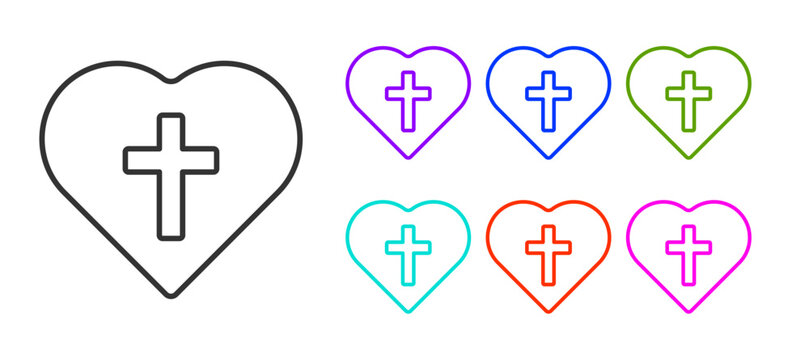 Black line Christian cross in heart icon isolated on white background. Happy Easter. Set icons colorful. Vector