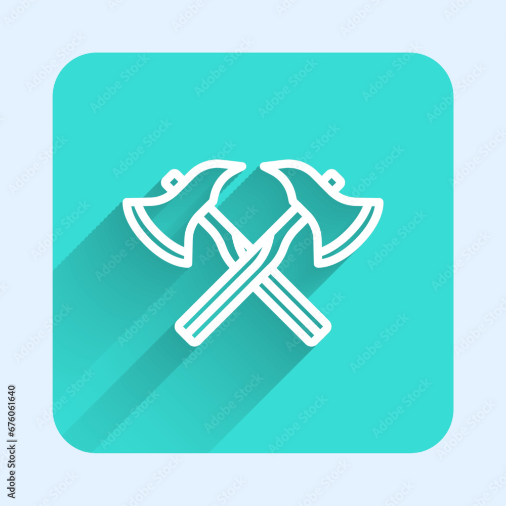 Poster white line firefighter axe icon isolated with long shadow background. fire axe. green square button.