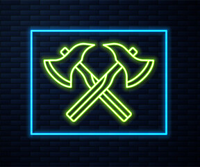 Glowing neon line Firefighter axe icon isolated on brick wall background. Fire axe. Vector