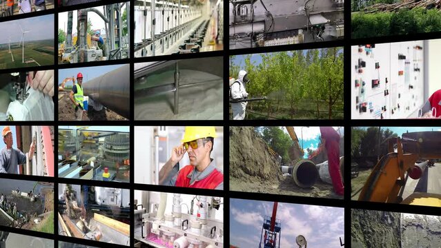 Industrial Production - People at Work. Workforce Productivity. Collage of Video Clips Showing People of Different Professions at Work. Professional Occupations. Industrial Media Wall.