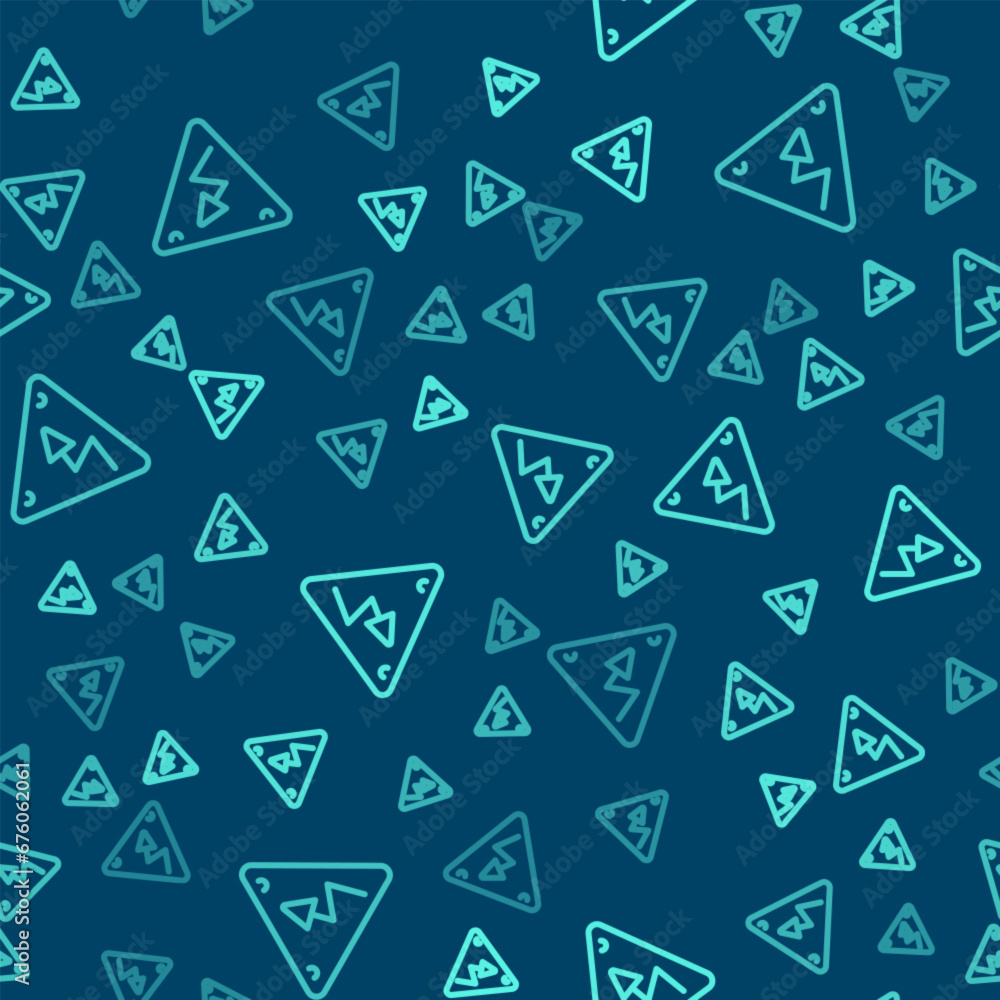 Poster green line high voltage sign icon isolated seamless pattern on blue background. danger symbol. arrow