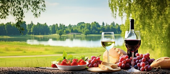 During our summer vacation my family and I enjoyed a relaxing day in the park surrounded by the vibrant colors of nature s green grass while savoring delicious food including fresh fruit and - obrazy, fototapety, plakaty