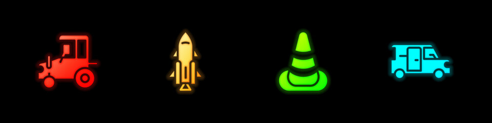 Set Tractor, Rocket ship with fire, Traffic cone and Minibus icon. Vector