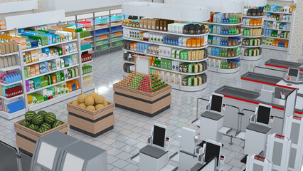 Sales area of the store, multi-colored packaging. 3d illustration
