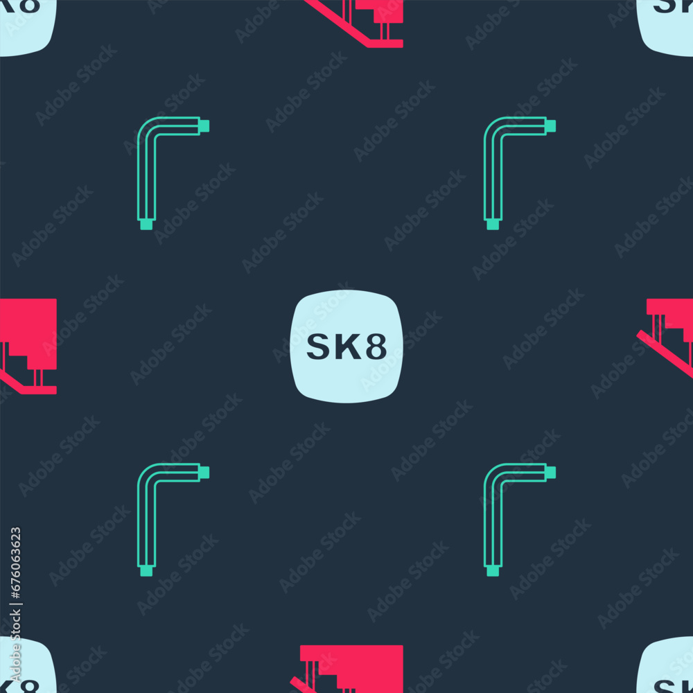 Aufkleber set skateboard stairs with rail, and tool allen keys on seamless pattern. vector