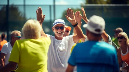 Fotobehang Pickleball or paddle sports senior players high-fiving after a successful point in the summer daytime © Artofinnovation