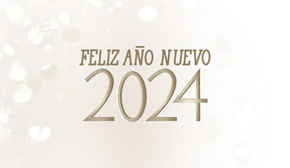 Happy New Year 2024 text in Spanish with lights in the background.