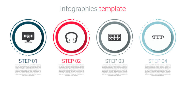 Set Skateboard wheel, Headphones, and stairs with rail. Business infographic template. Vector
