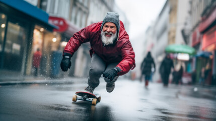 Senor in a red jacket with a beard rides a skateboard along the city streets in winter or autumn - obrazy, fototapety, plakaty