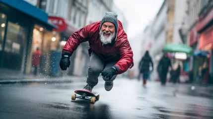 Deurstickers Senor in a red jacket with a beard rides a skateboard along the city streets in winter or autumn © Stanislav