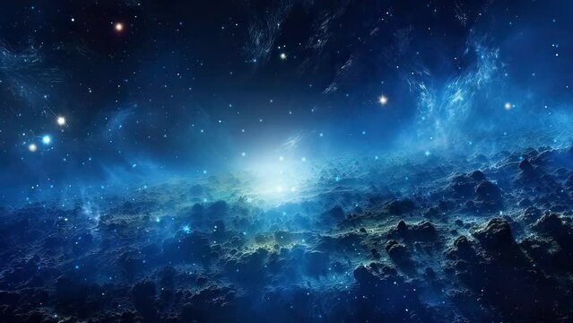 Galaxy and Nebula. Flying over the blue planet. Abstract space background. Endless universe with stars and galaxies in outer space. Cosmos art. Motion design.