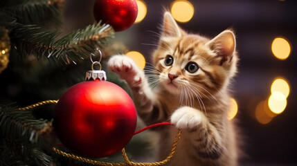 copy space, stockphoto, cute kitten playing with a Christmas bauble hanging in a Christmas tree ....