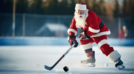 Santa in a red suit plays hockey on an outdoor skating rink. Soft focus and copy space. - obrazy, fototapety, plakaty