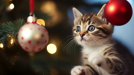 copy space, stockphoto, cute kitten playing with a Christmas bauble hanging in a Christmas tree . Cute pet playing with a Christmas bauble during christmas time.  Christmas decoration. Background for 
