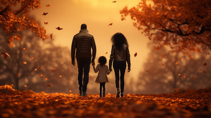 Happy black family walking in the park autumn fall leaves in the ground and trees